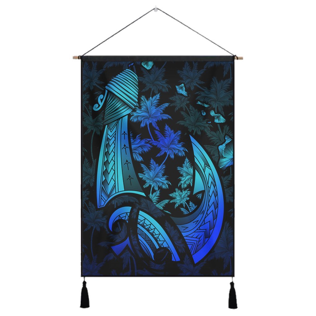 Hawaiian Map Palm Trees Fish Hook Polynesian Quilt Hanging Poster Colorful Blue - AH Hanging Poster Cotton And Linen - Polynesian Pride