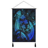 Hawaiian Map Palm Trees Fish Hook Polynesian Quilt Hanging Poster Colorful Blue - AH Hanging Poster Cotton And Linen - Polynesian Pride