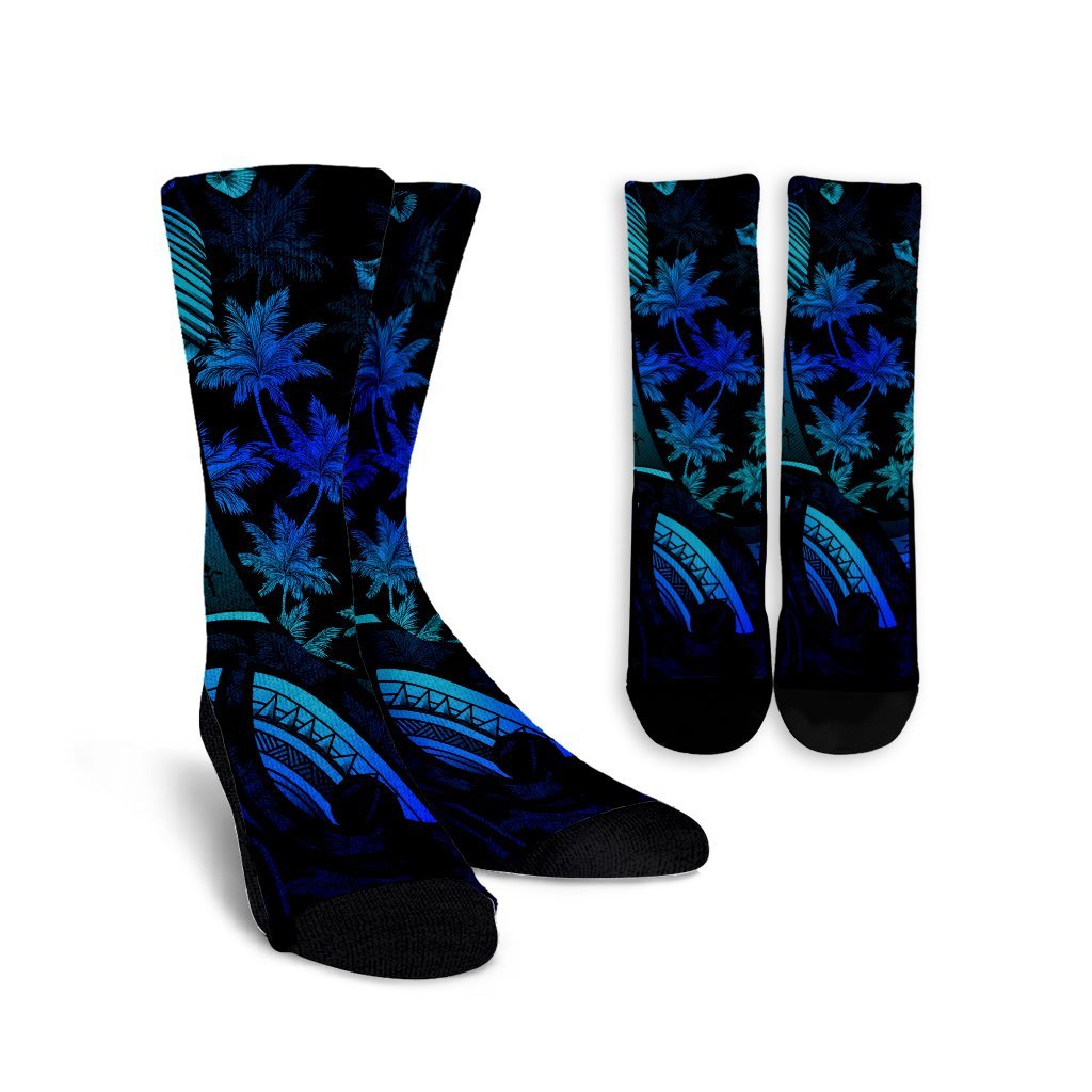 Hawaiian Map Palm Trees Fish Hook Polynesian Quilt Crew Socks Colorful Blue - AH Crew Socks White - Polynesian Pride