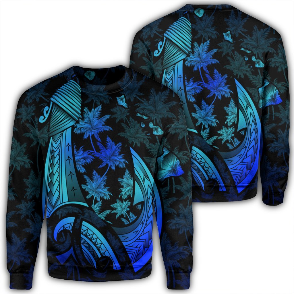 Hawaiian Map Palm Trees Fish Hook Polynesian Quilt Sweatshirt Colorful Blue - AH Unisex Black - Polynesian Pride