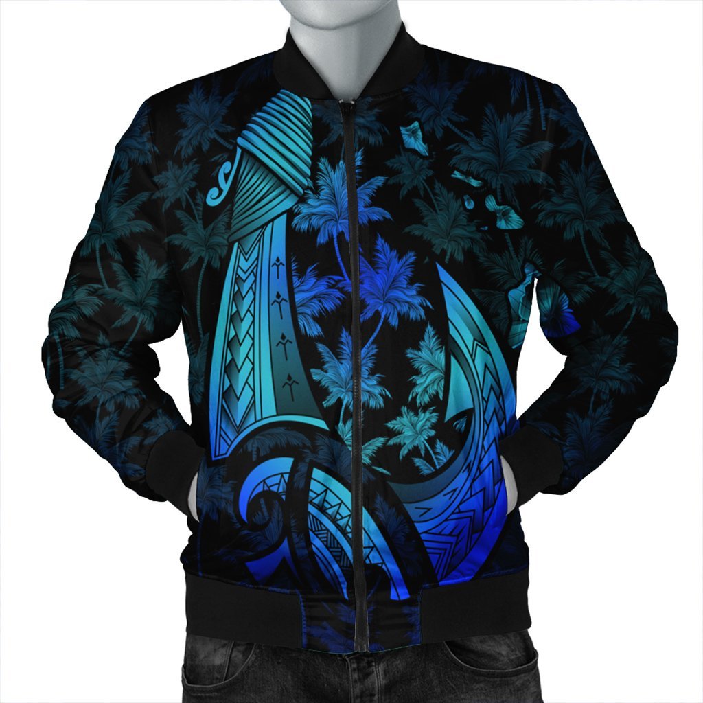 Hawaiian Map Palm Trees Fish Hook Polynesian Quilt Bomber Jacket Colorful Blue - AH Black Unisex - Polynesian Pride