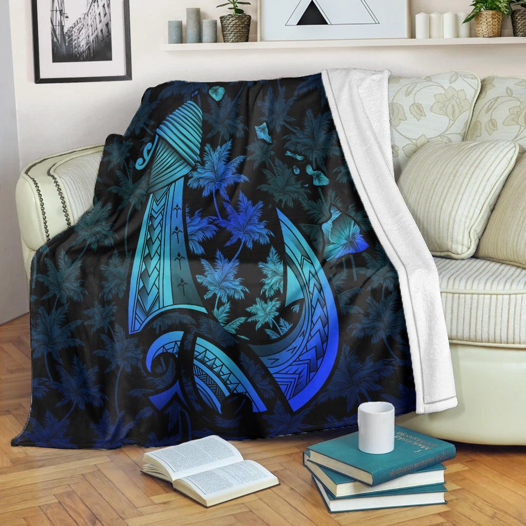 Hawaiian Map Palm Trees Fish Hook Polynesian Quilt Premium Blankets Colorful Blue - AH White - Polynesian Pride