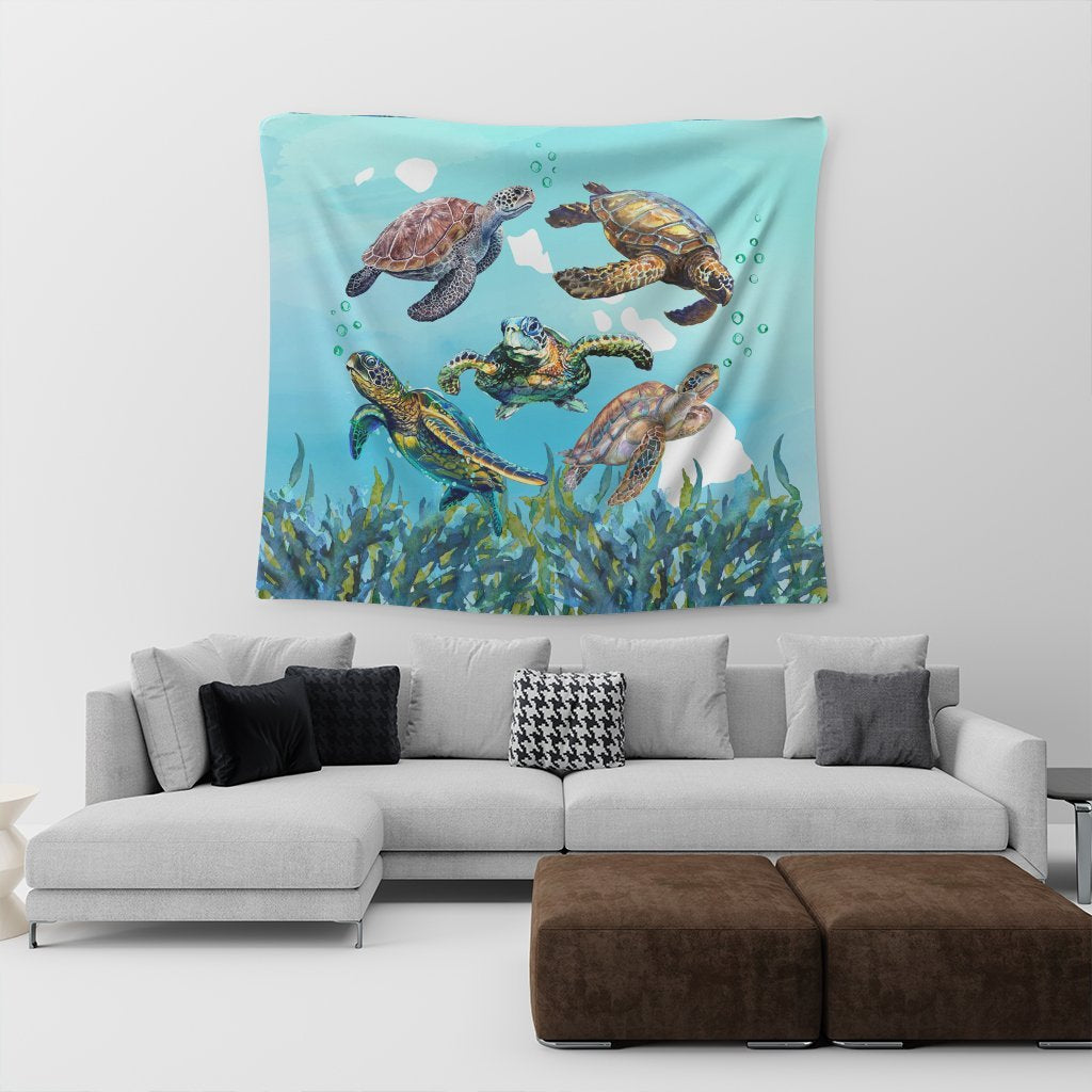 Hawaiian Map Sea Turtles Ocean Polynesian Tapestry - AH - Polynesian Pride