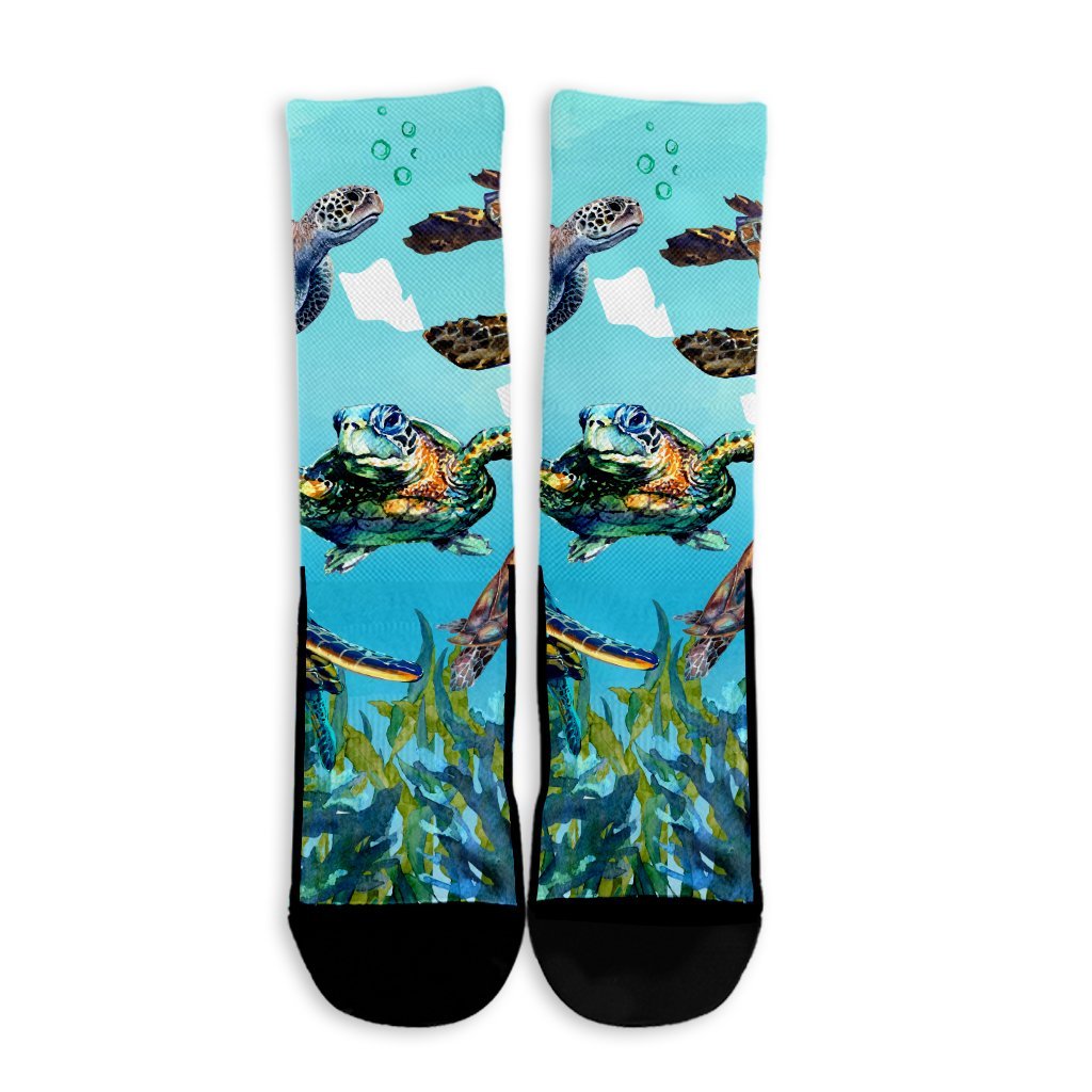 Hawaiian Map Sea Turtles Ocean Polynesian Crew Socks - AH - Polynesian Pride