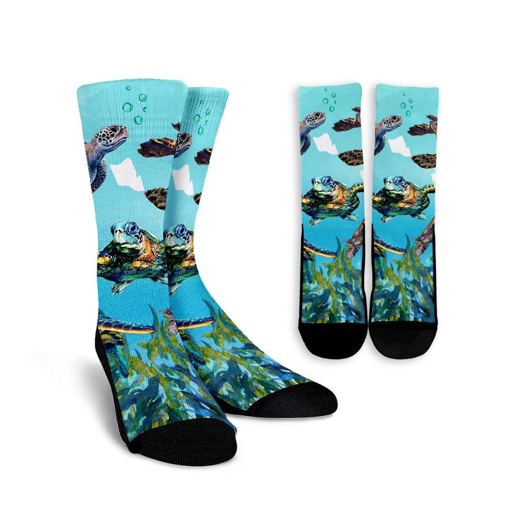 Hawaiian Map Sea Turtles Ocean Polynesian Crew Socks - AH Crew Socks White - Polynesian Pride