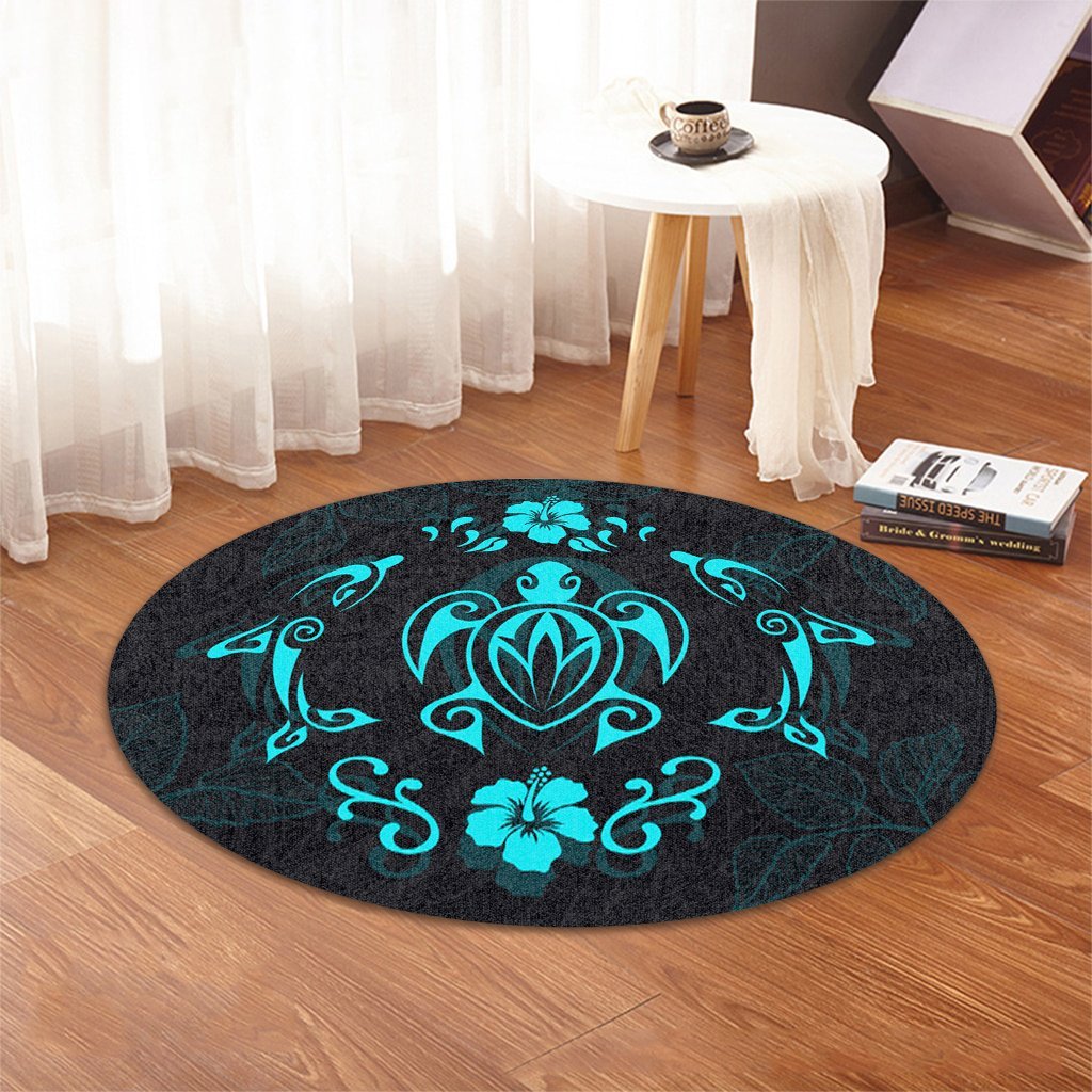 Hawaiian Map Turtle Dolphin With Plumeria Round Carpet - AH - Polynesian Pride