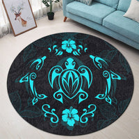 Hawaiian Map Turtle Dolphin With Plumeria Round Carpet - AH - Polynesian Pride