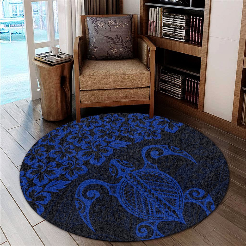 Hawaiian Map Turtle Hibiscus Kanaka Polynesian Round Carpet - Blue - AH - Polynesian Pride