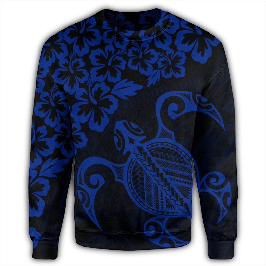 Hawaiian Map Turtle Hibiscus Kanaka Polynesian Sweatshirt - Blue - AH - Polynesian Pride