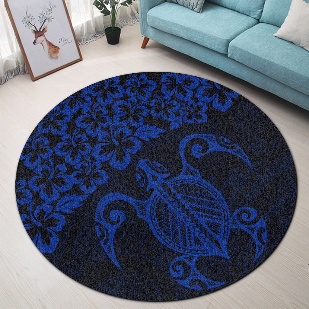 Hawaiian Map Turtle Hibiscus Kanaka Polynesian Round Carpet - Blue - AH - Polynesian Pride