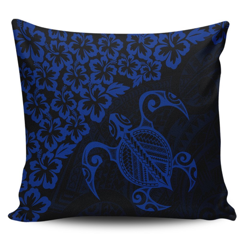 Hawaiian Map Turtle Hibiscus Kanaka Polynesian Pillow Covers - Blue - AH Pillow Covers Black - Polynesian Pride