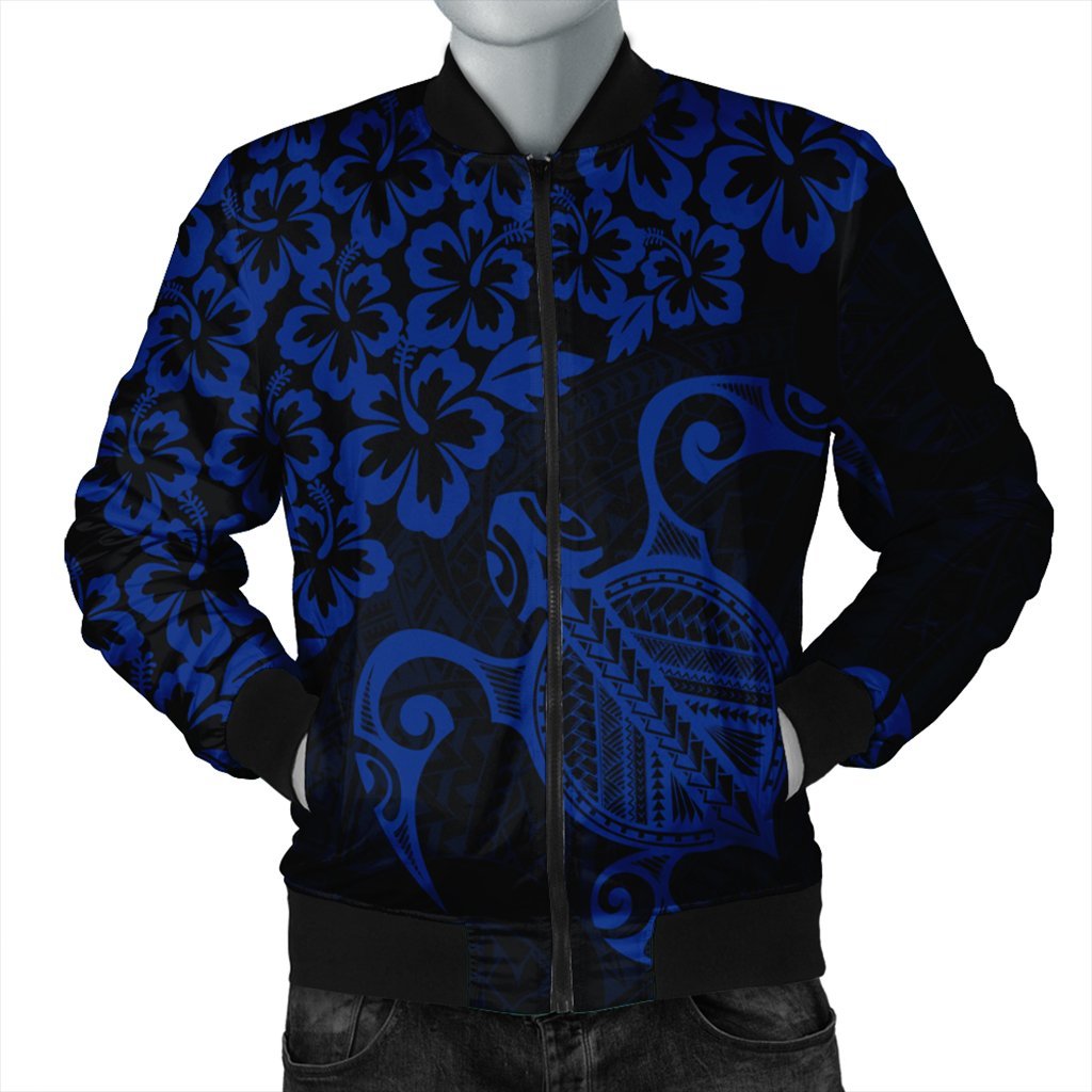 Hawaiian Map Turtle Hibiscus Kanaka Polynesian Bomber Jacket - Blue - AH Black Unisex - Polynesian Pride