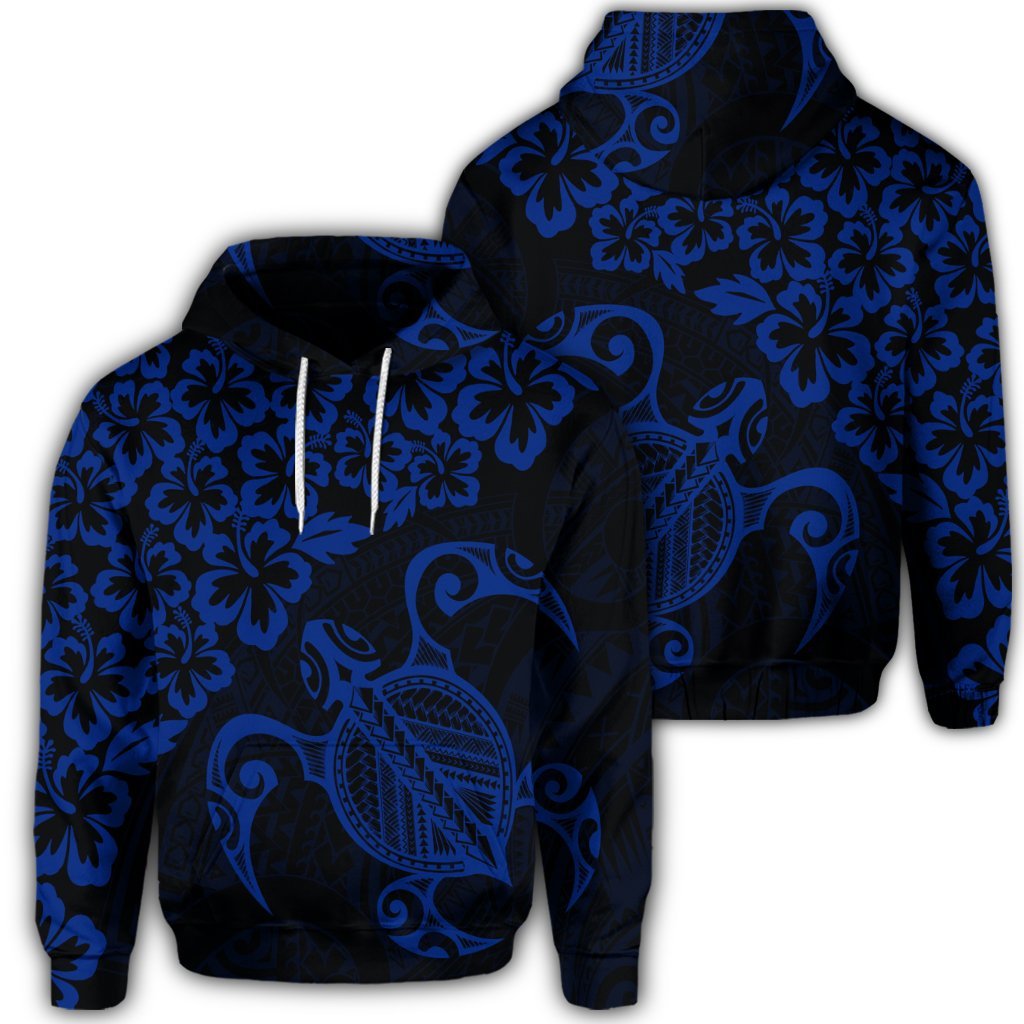 Hawaiian Map Turtle Hibiscus Kanaka Polynesian Hoodie Blue Unisex Art - Polynesian Pride