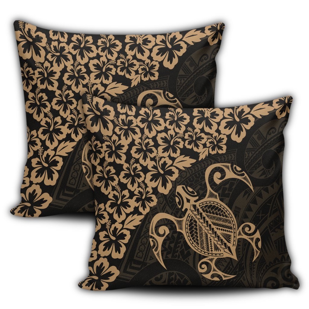 Hawaiian Map Turtle Hibiscus Kanaka Polynesian Pillow Covers - Gold - AH - Polynesian Pride