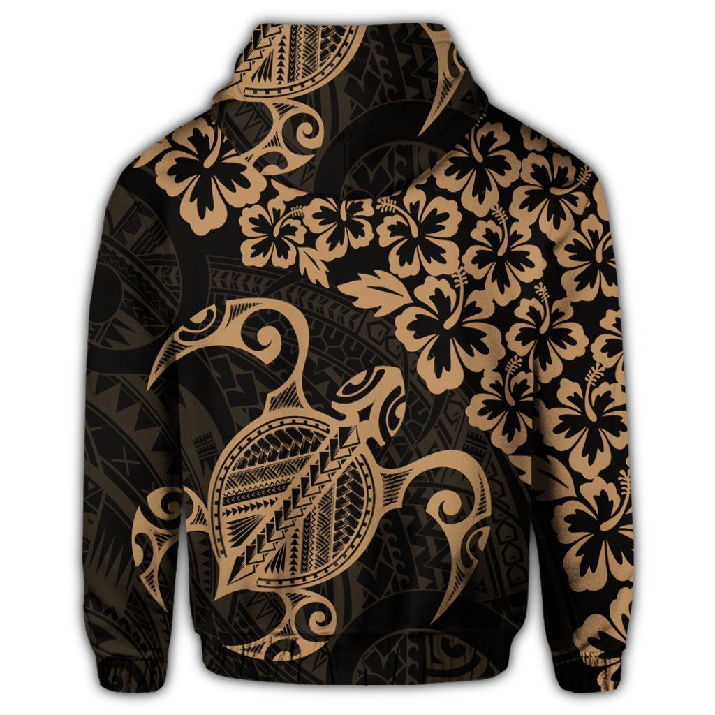 Hawaiian Map Turtle Hibiscus Kanaka Polynesian Zip Hoodie Gold - Polynesian Pride