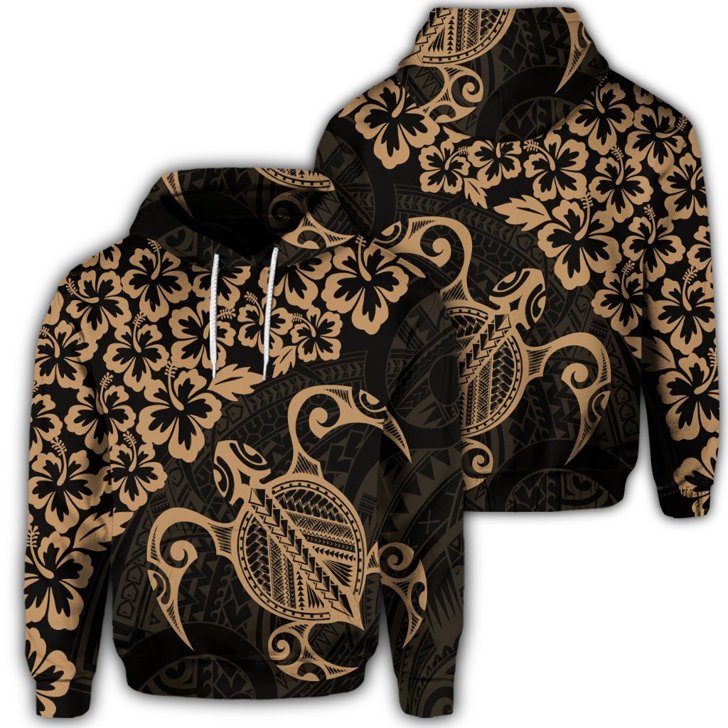 Hawaiian Map Turtle Hibiscus Kanaka Polynesian Hoodie Gold Unisex Art - Polynesian Pride