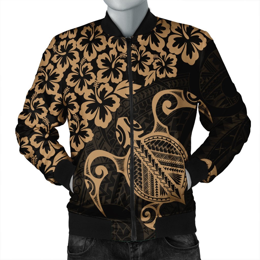 Hawaiian Map Turtle Hibiscus Kanaka Polynesian Bomber Jacket - Gold - AH Black Unisex - Polynesian Pride