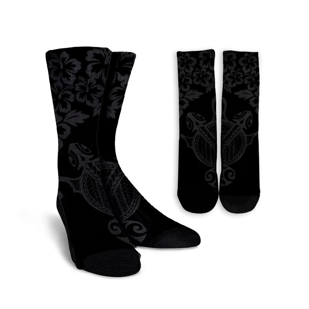 Hawaiian Map Turtle Hibiscus Kanaka Polynesian Crew Socks - Gray - AH Crew Socks White - Polynesian Pride