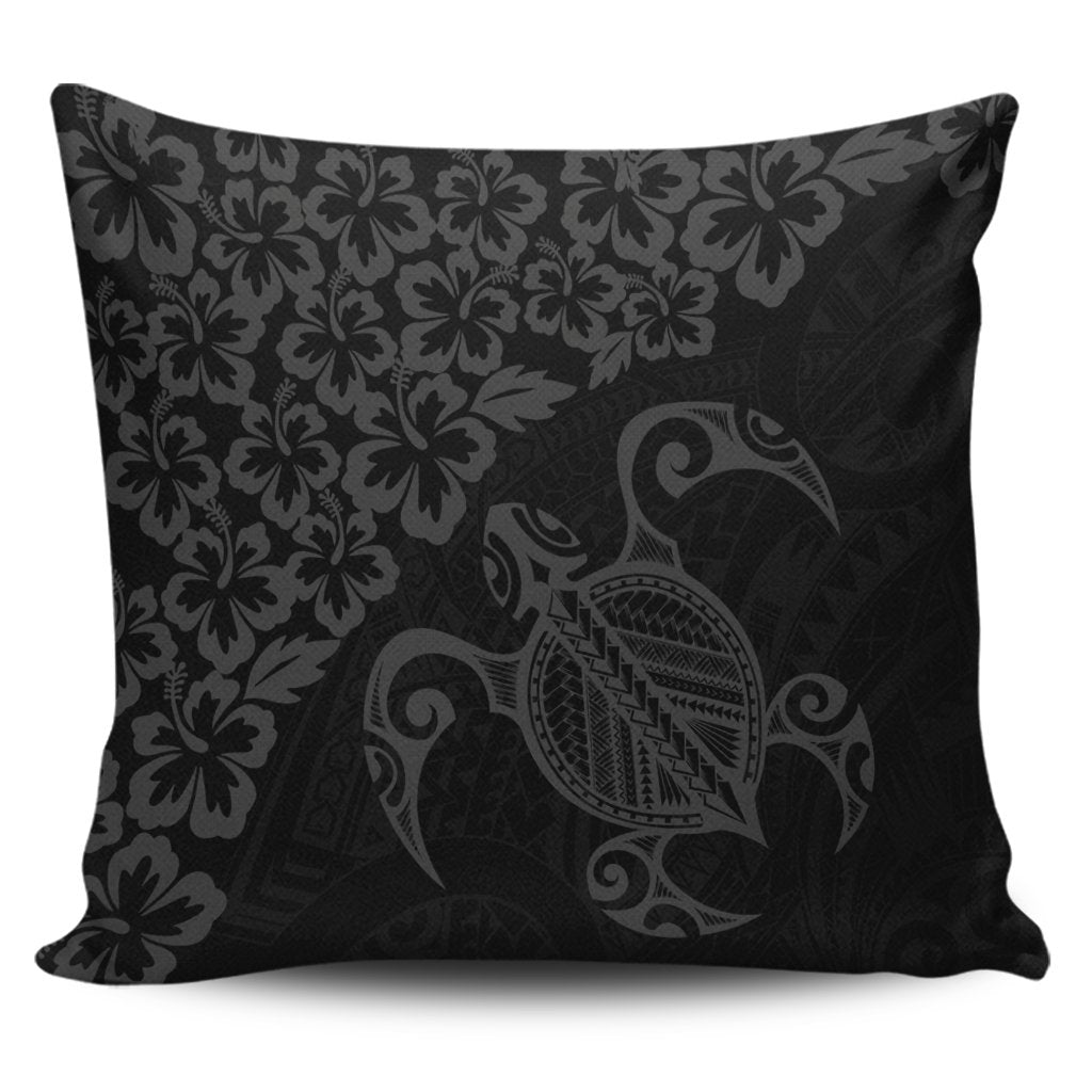 Hawaiian Map Turtle Hibiscus Kanaka Polynesian Pillow Covers - Gray - AH Pillow Covers Black - Polynesian Pride