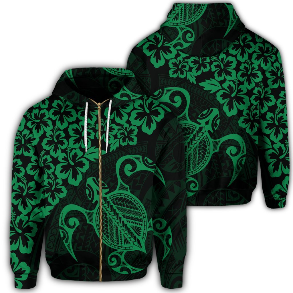 Hawaiian Map Turtle Hibiscus Kanaka Polynesian Zip Hoodie Green Unisex Art - Polynesian Pride