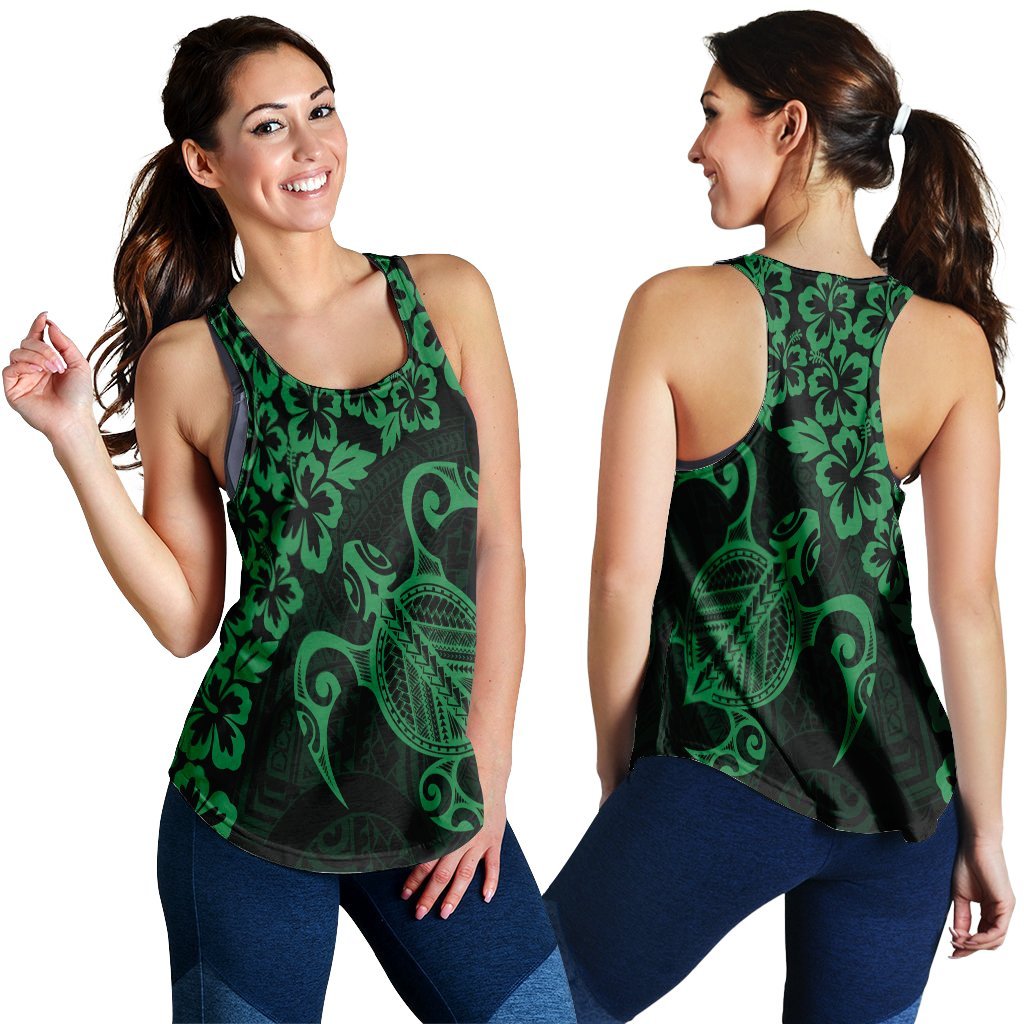 Hawaiian Map Turtle Hibiscus Kanaka Polynesian Racerback Tank - Green - AH Black - Polynesian Pride