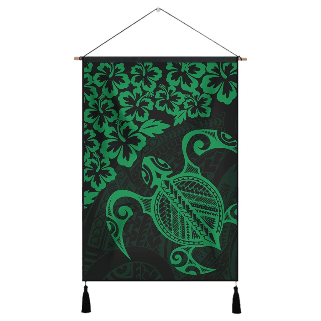 Hawaiian Map Turtle Hibiscus Kanaka Polynesian Hanging Poster - Green - AH Hanging Poster Cotton And Linen - Polynesian Pride
