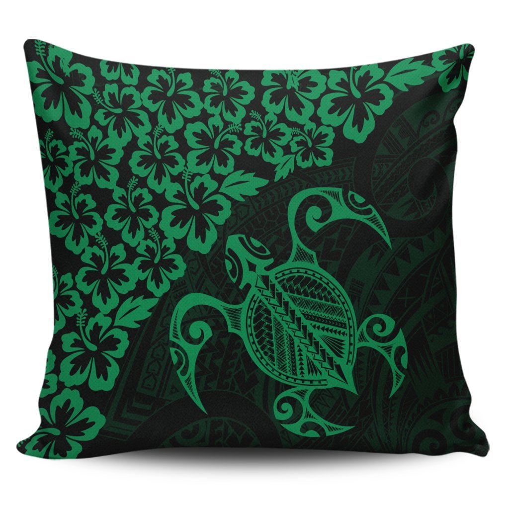 Hawaiian Map Turtle Hibiscus Kanaka Polynesian Pillow Covers - Green - AH Pillow Covers Black - Polynesian Pride