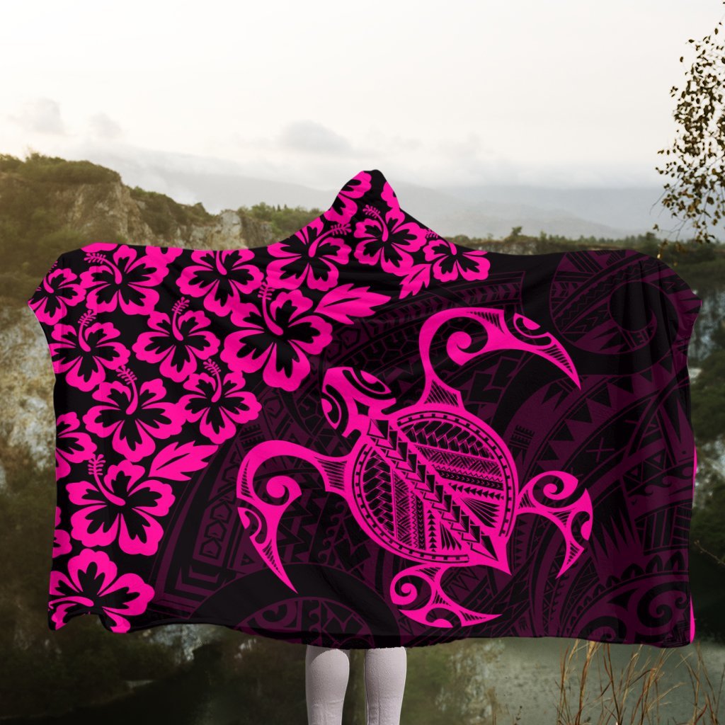 Hawaiian Map Turtle Hibiscus Kanaka Polynesian Hooded Blanket - Pink - AH - Polynesian Pride