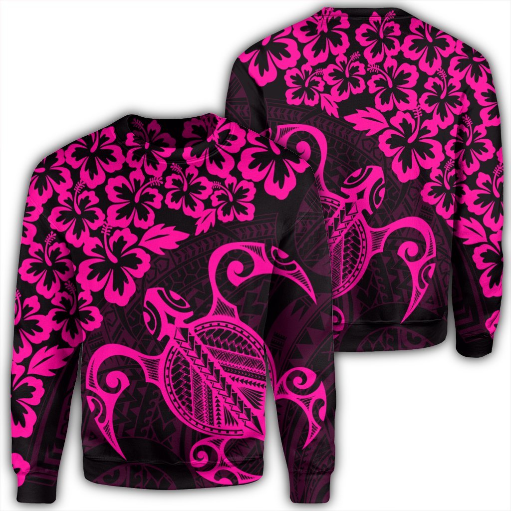 Hawaiian Map Turtle Hibiscus Kanaka Polynesian Sweatshirt - Pink - AH Unisex Black - Polynesian Pride
