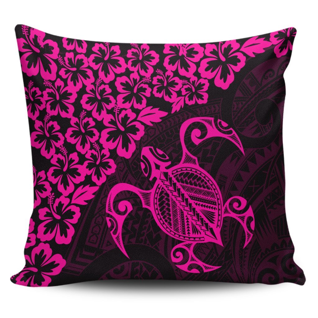 Hawaiian Map Turtle Hibiscus Kanaka Polynesian Pillow Covers - Pink - AH Pillow Covers Black - Polynesian Pride