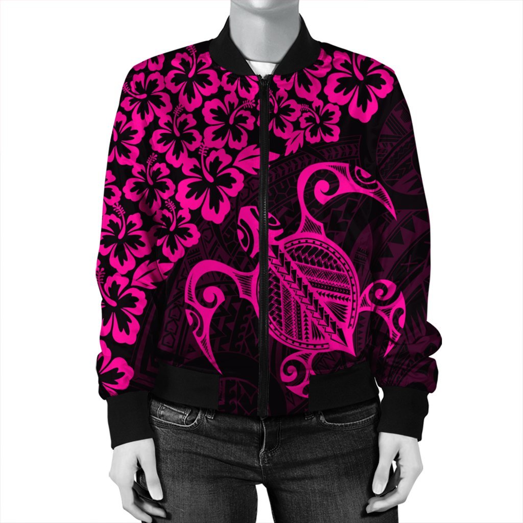 Hawaiian Map Turtle Hibiscus Kanaka Polynesian Bomber Jacket - Pink - AH - Polynesian Pride