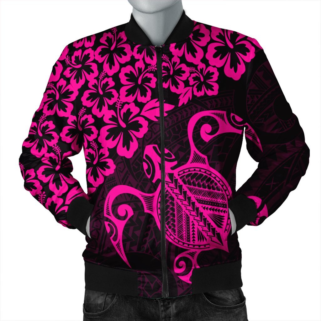 Hawaiian Map Turtle Hibiscus Kanaka Polynesian Bomber Jacket - Pink - AH Black Unisex - Polynesian Pride