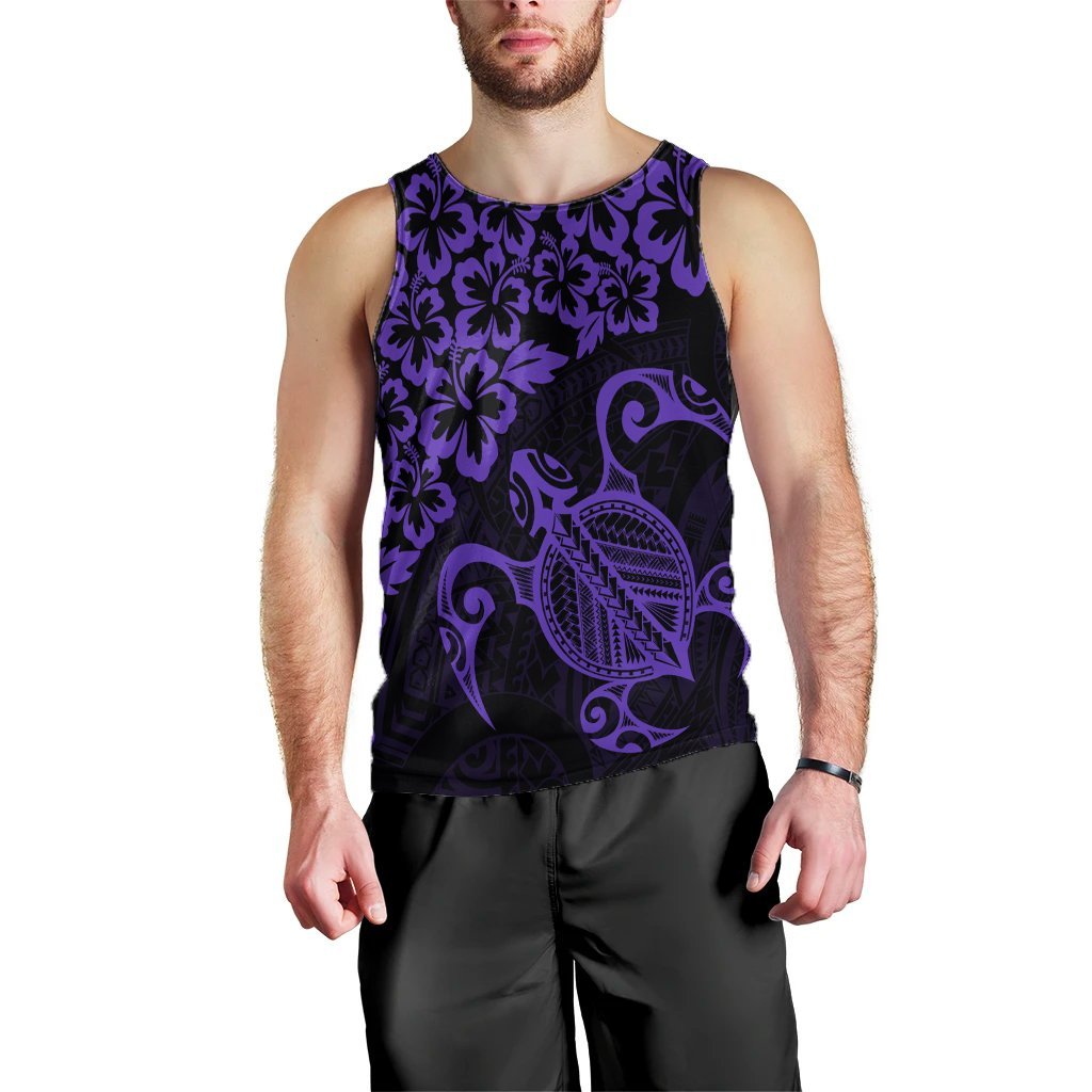 Hawaiian Map Turtle Hibiscus Kanaka Polynesian Tank Top - Purple - AH Black - Polynesian Pride