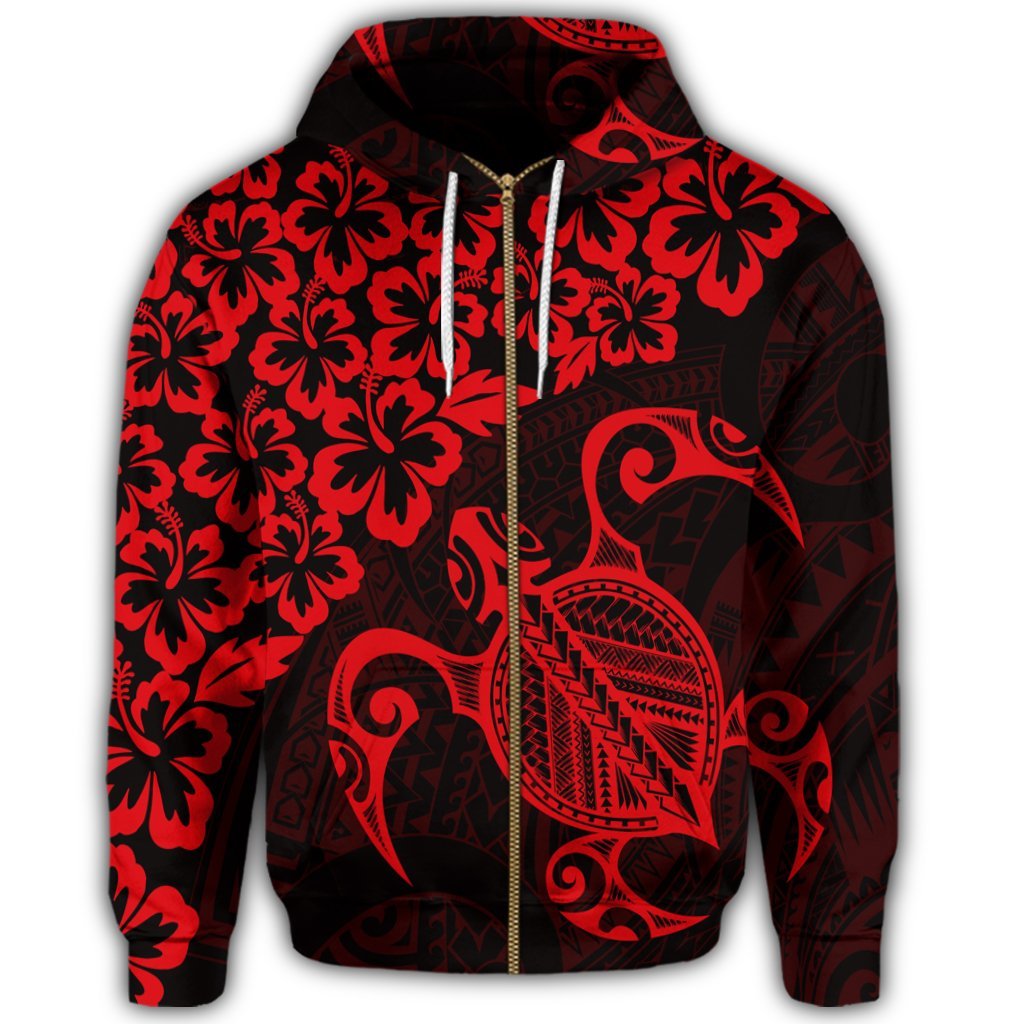 Hawaiian Map Turtle Hibiscus Kanaka Polynesian Zip Hoodie Red - Polynesian Pride