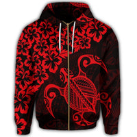Hawaiian Map Turtle Hibiscus Kanaka Polynesian Zip Hoodie Red - Polynesian Pride