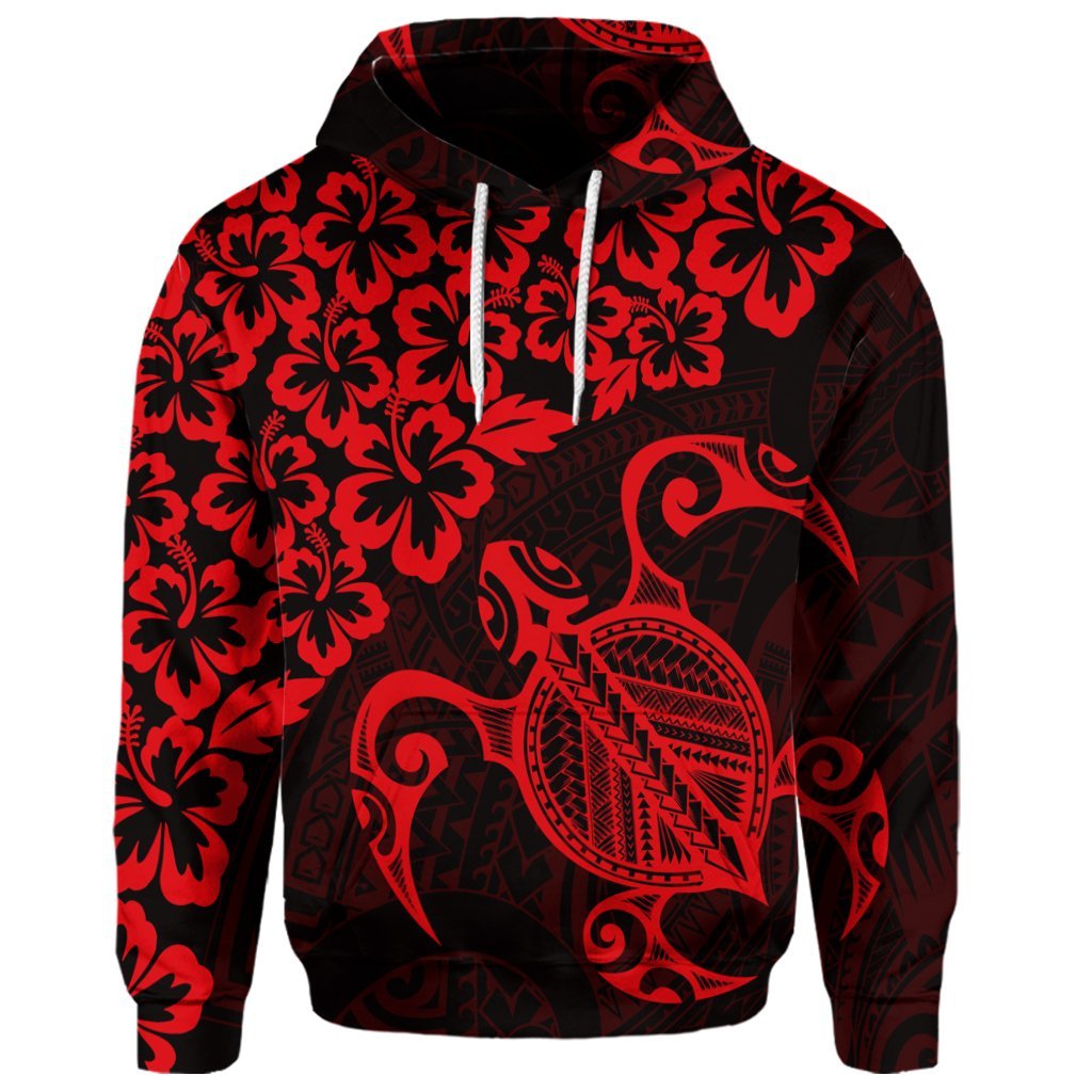 Custom Hawaiian Map Turtle Hibiscus Kanaka Polynesian Hoodie Red - Polynesian Pride