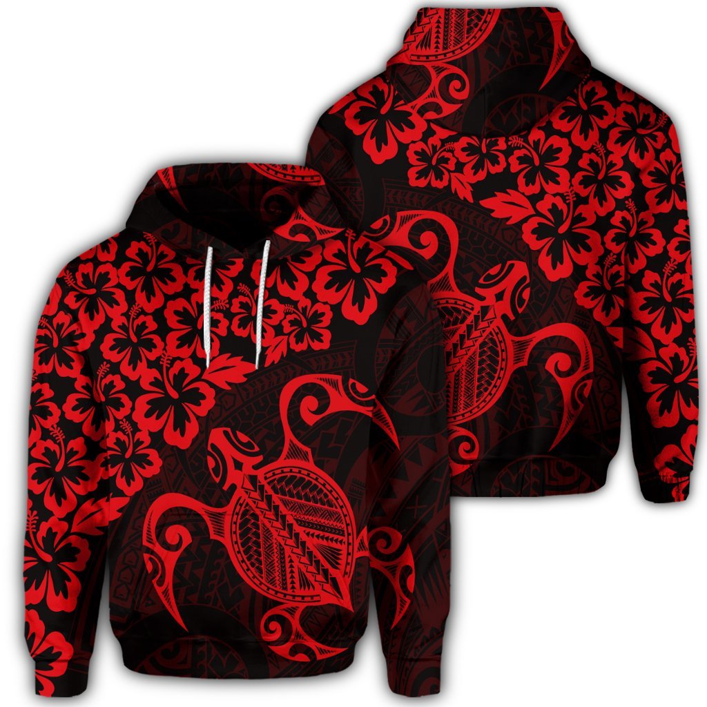 Hawaiian Map Turtle Hibiscus Kanaka Polynesian Hoodie Red Unisex Art - Polynesian Pride