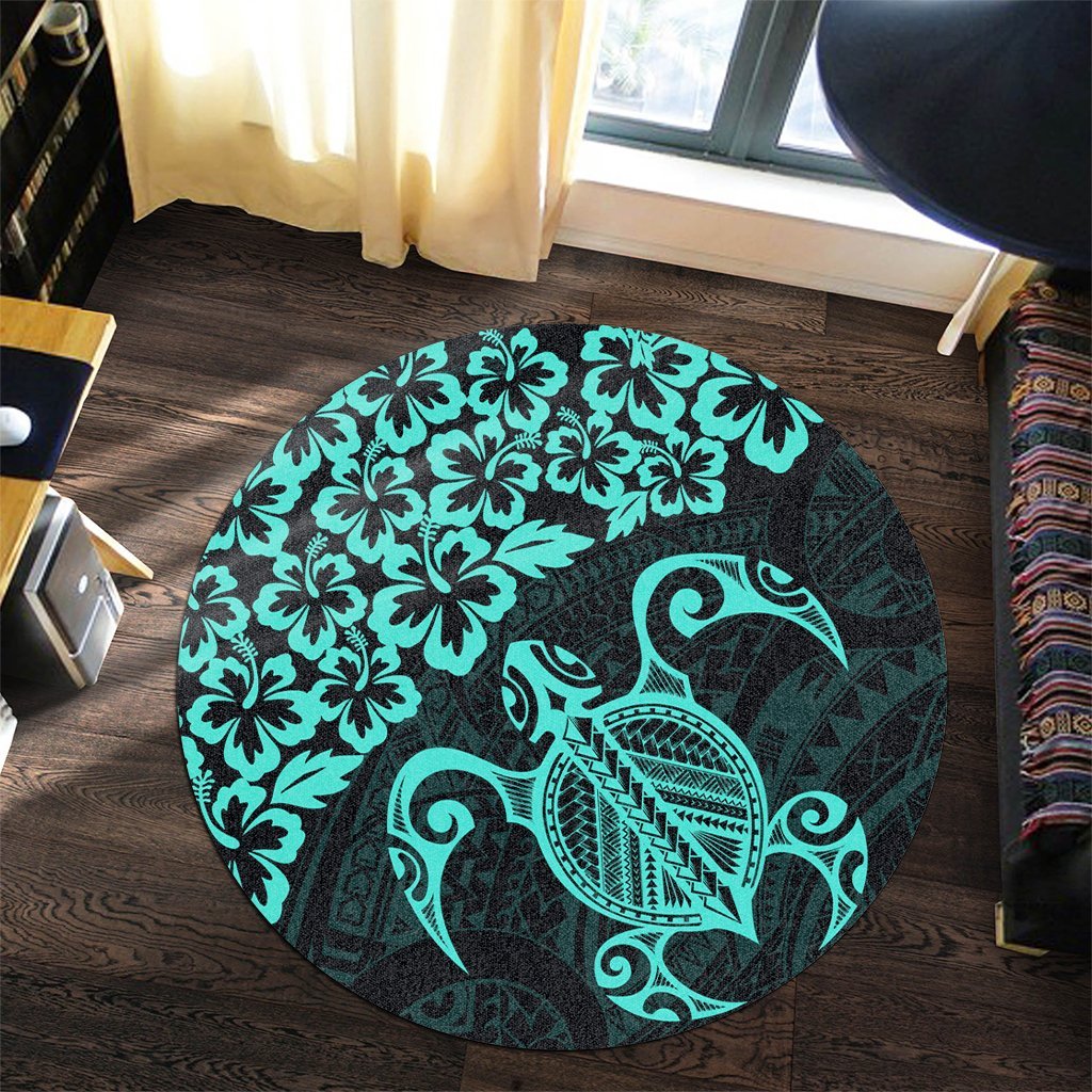 Hawaiian Map Turtle Hibiscus Kanaka Polynesian Round Carpet - Turquoise - AH - Polynesian Pride