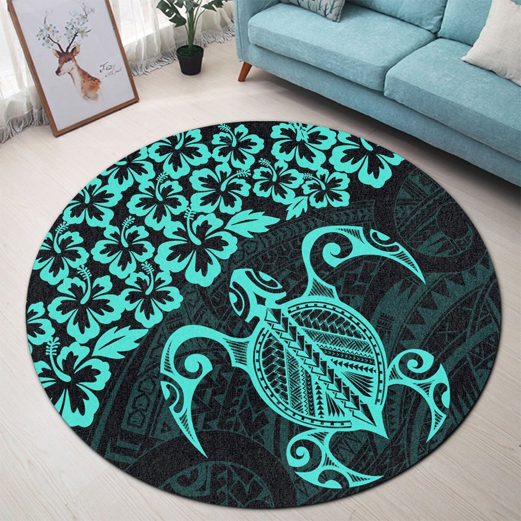 Hawaiian Map Turtle Hibiscus Kanaka Polynesian Round Carpet - Turquoise - AH - Polynesian Pride