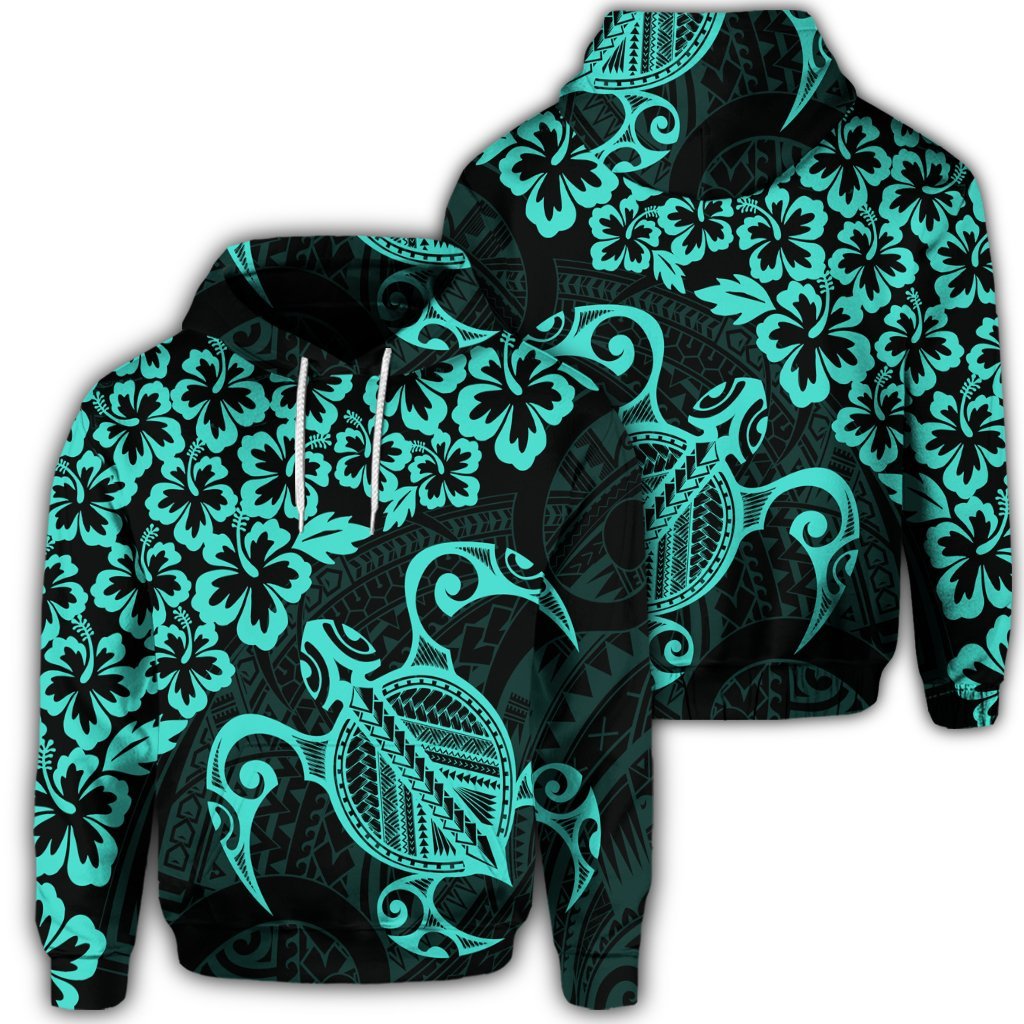 Hawaiian Map Turtle Hibiscus Kanaka Polynesian Hoodie Turquoise Unisex Art - Polynesian Pride