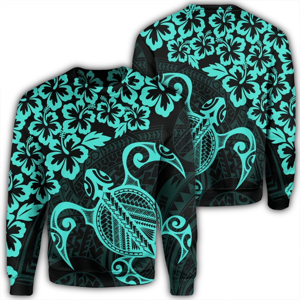 Hawaiian Map Turtle Hibiscus Kanaka Polynesian Sweatshirt - Turquoise - AH Unisex Black - Polynesian Pride