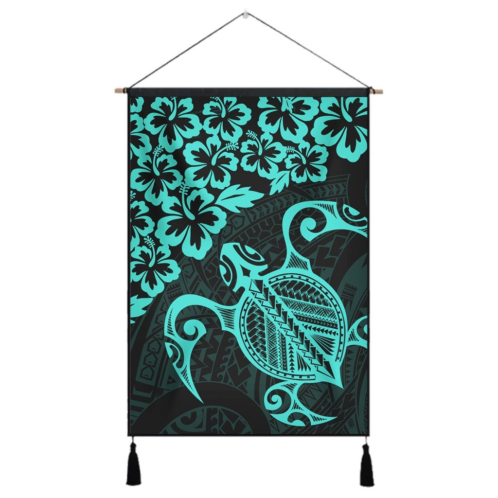 Hawaiian Map Turtle Hibiscus Kanaka Polynesian Hanging Poster - Turquoise - AH Hanging Poster Cotton And Linen - Polynesian Pride