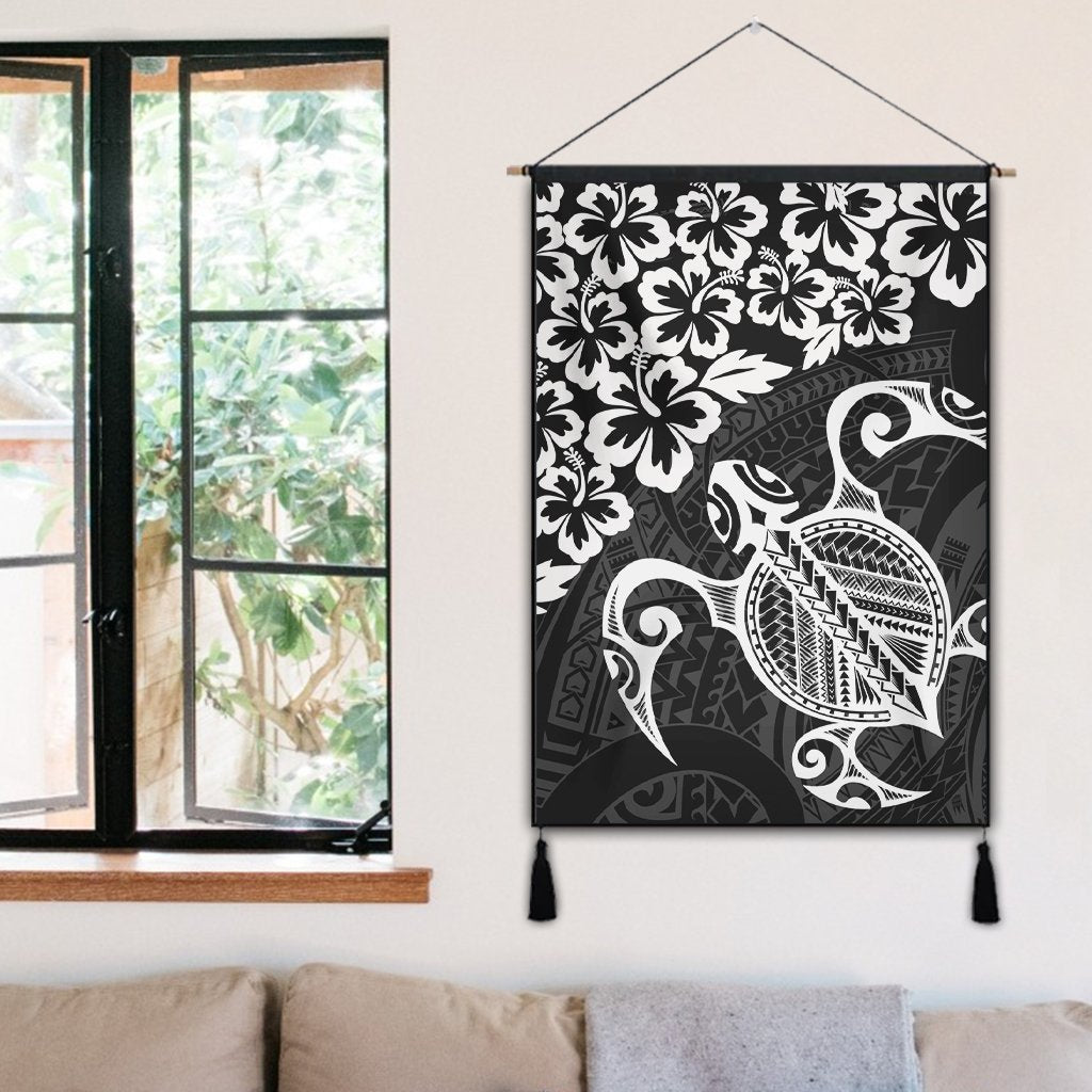 Hawaiian Map Turtle Hibiscus Kanaka Polynesian Hanging Poster - White - AH - Polynesian Pride