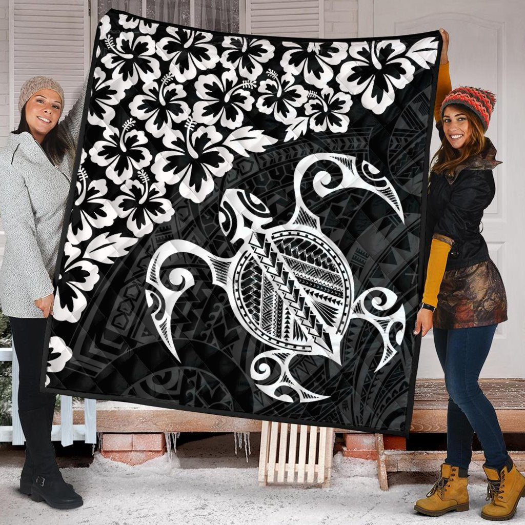 Hawaiian Map Turtle Hibiscus Kanaka Polynesian Premium Quilts - White - AH - Polynesian Pride