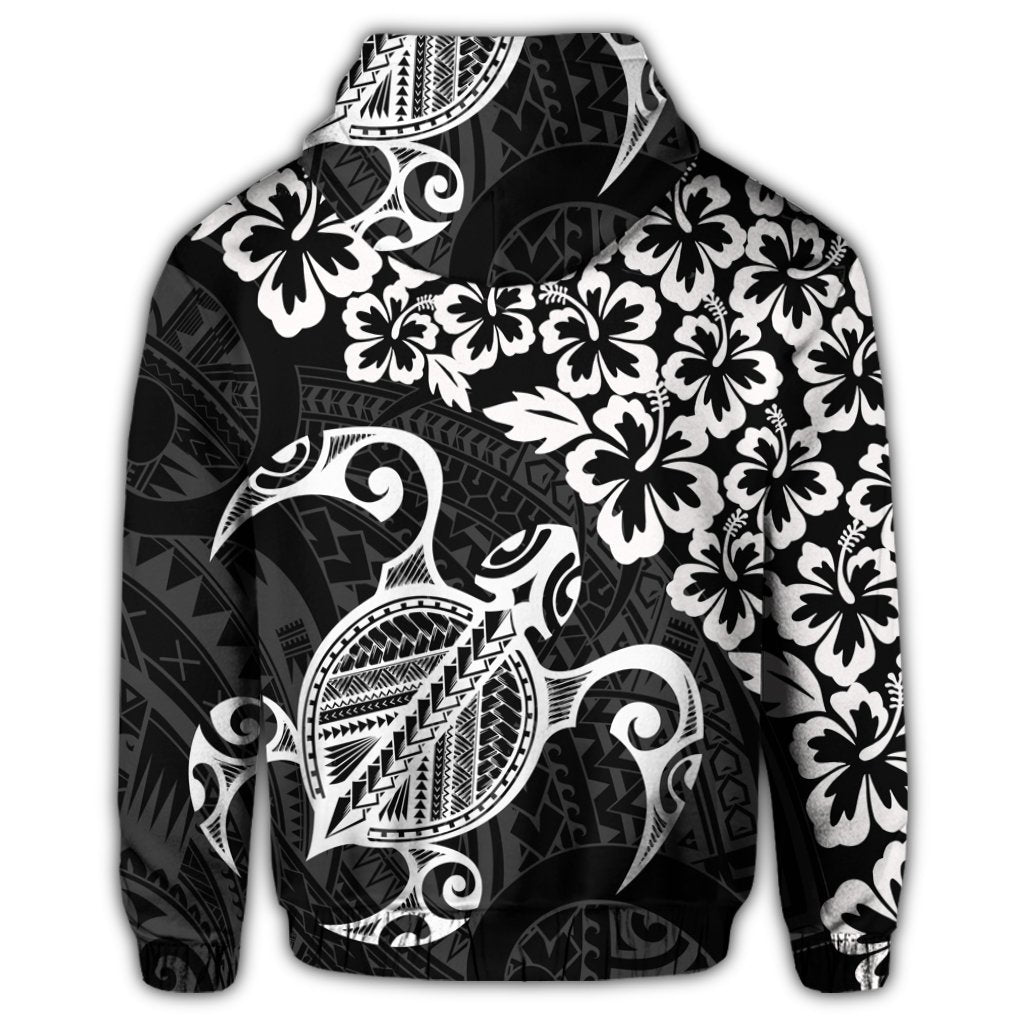 Hawaiian Map Turtle Hibiscus Kanaka Polynesian Zip Hoodie White - Polynesian Pride
