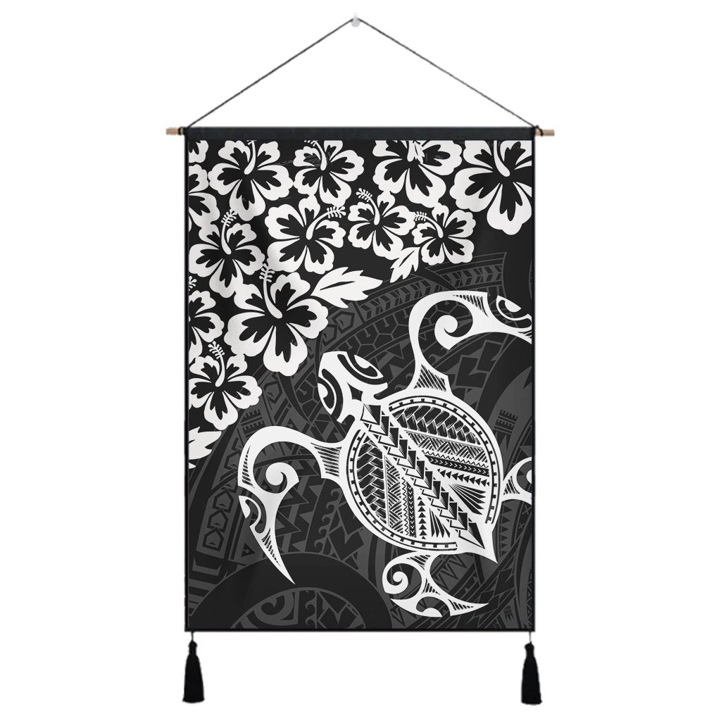 Hawaiian Map Turtle Hibiscus Kanaka Polynesian Hanging Poster - White - AH Hanging Poster Cotton And Linen - Polynesian Pride