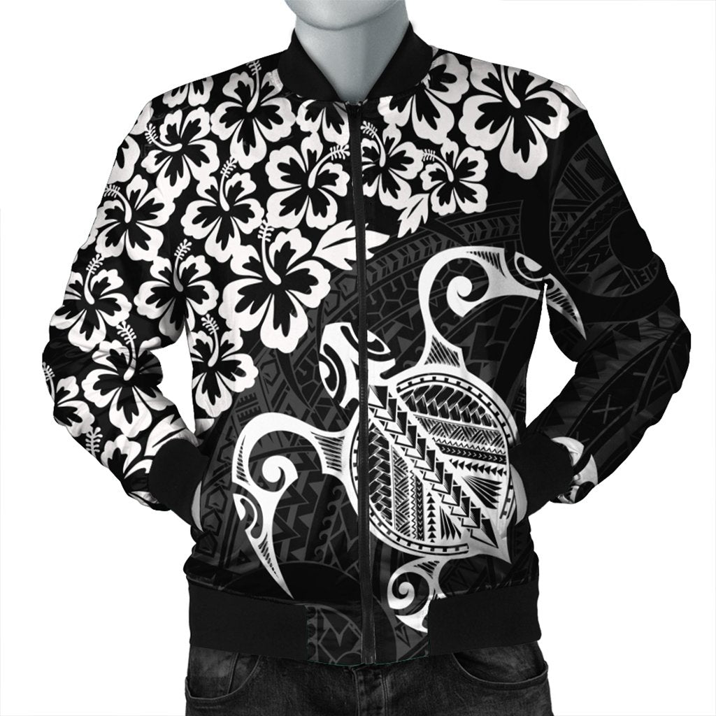 Hawaiian Map Turtle Hibiscus Kanaka Polynesian Bomber Jacket - White - AH Black Unisex - Polynesian Pride