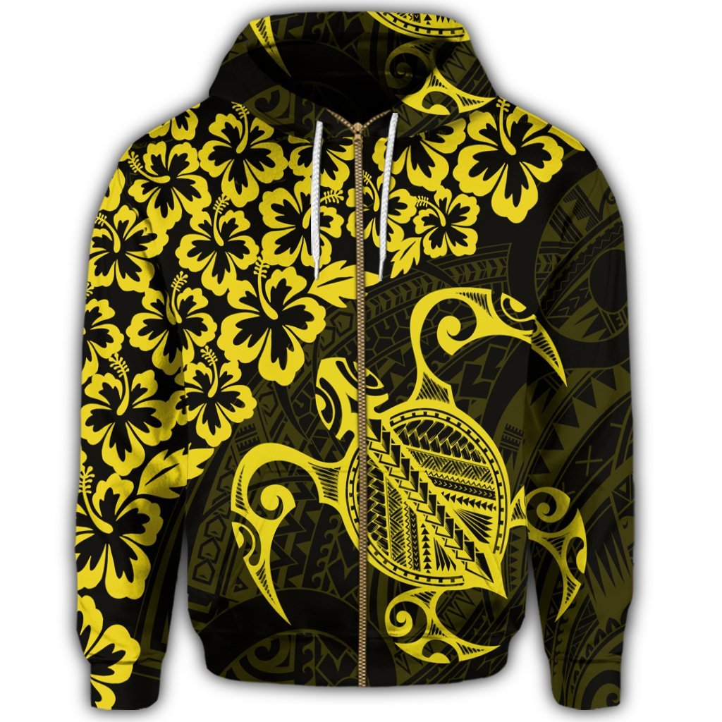 Hawaiian Map Turtle Hibiscus Kanaka Polynesian Zip Hoodie Yellow - Polynesian Pride