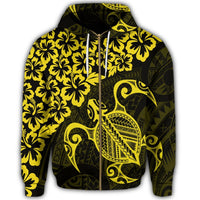 Hawaiian Map Turtle Hibiscus Kanaka Polynesian Zip Hoodie Yellow - Polynesian Pride