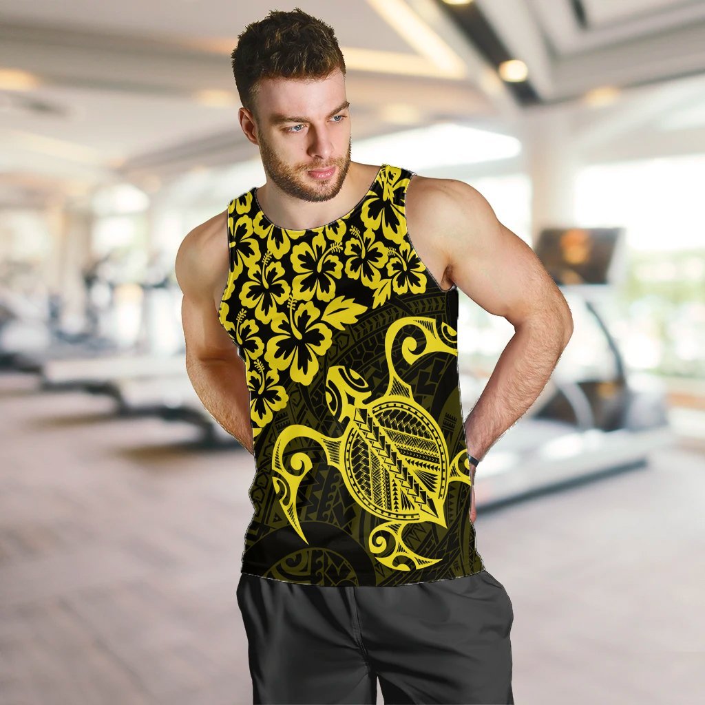 Hawaiian Map Turtle Hibiscus Kanaka Polynesian Tank Top - Yellow - AH - Polynesian Pride